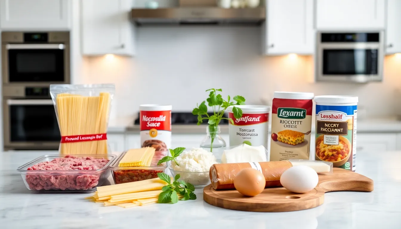 Ingredients for American Beauty Lasagna on a kitchen countertop.