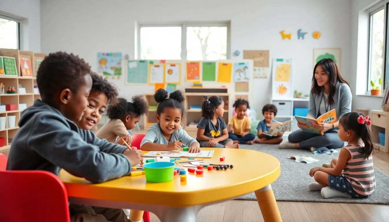diverse children in a modern early childhood education classroom.