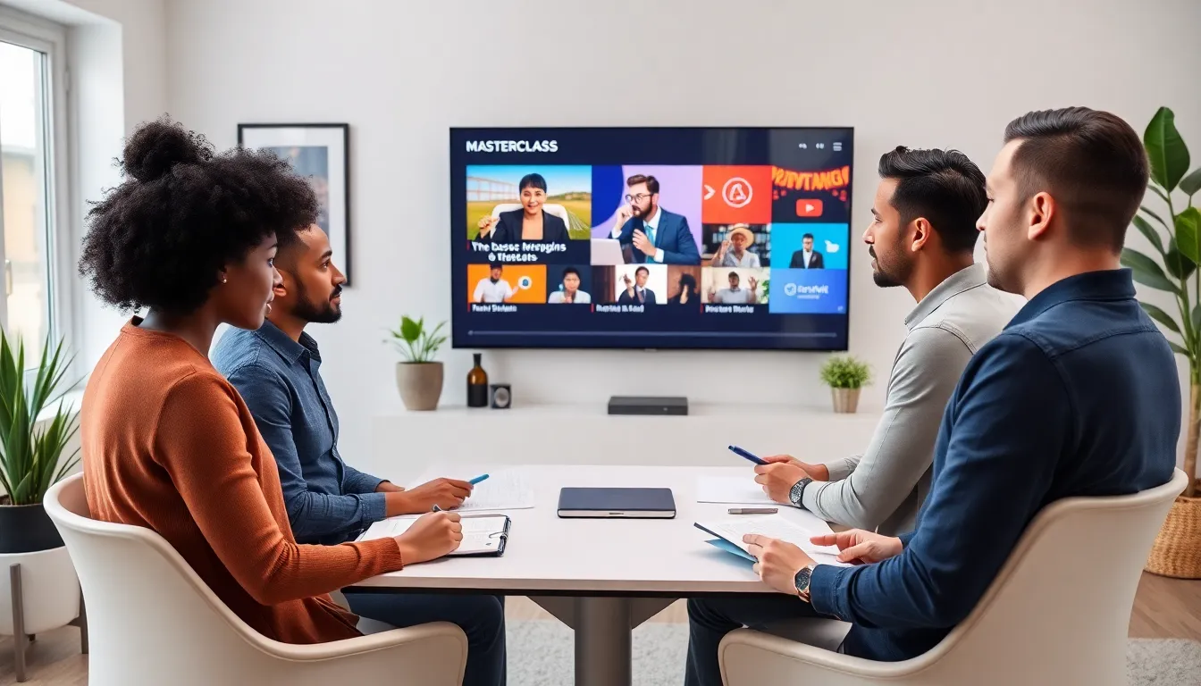 diverse team engaged in watching masterclass videos in a modern office.