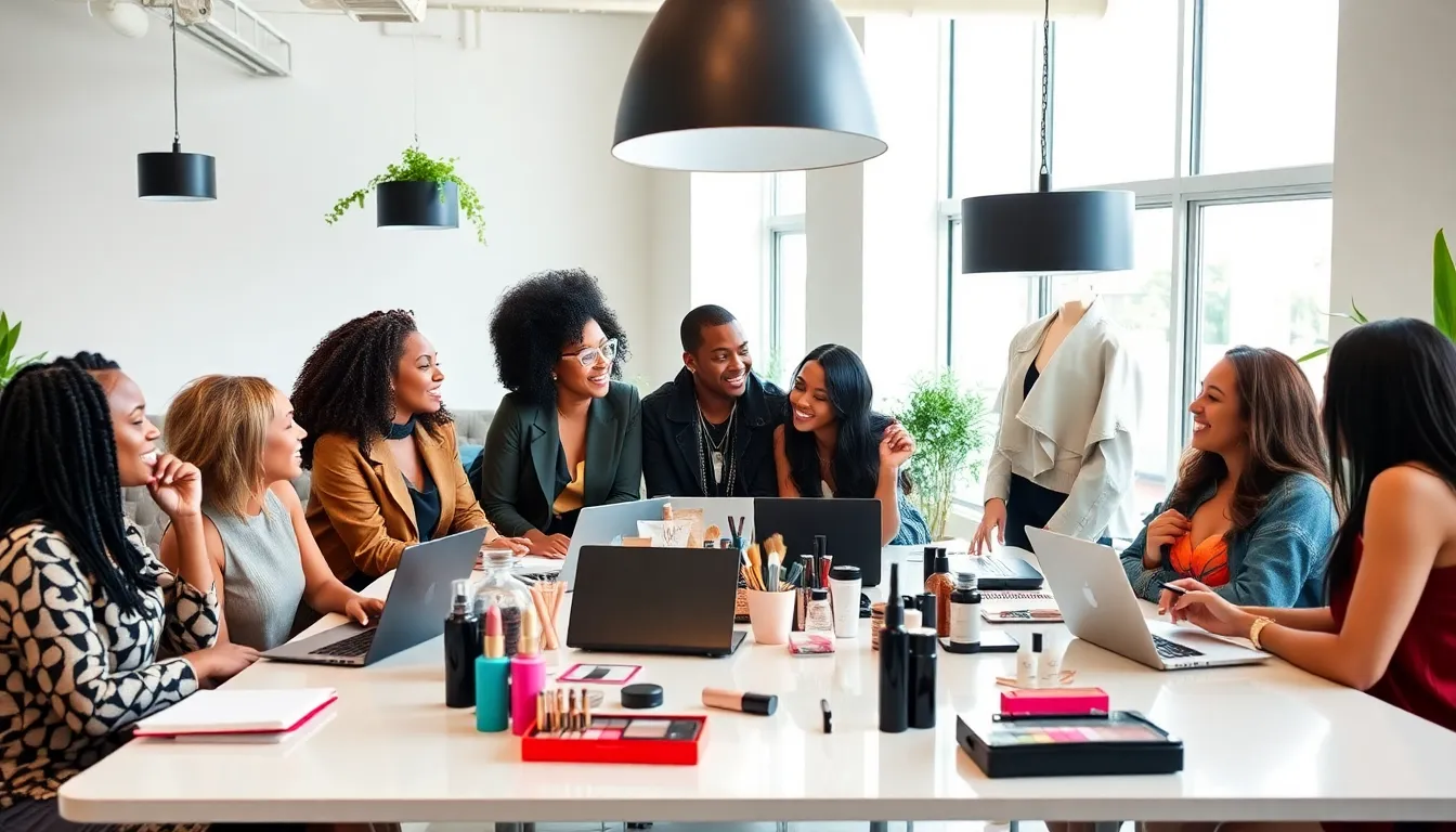 diverse group collaborating in a modern beauty collective.