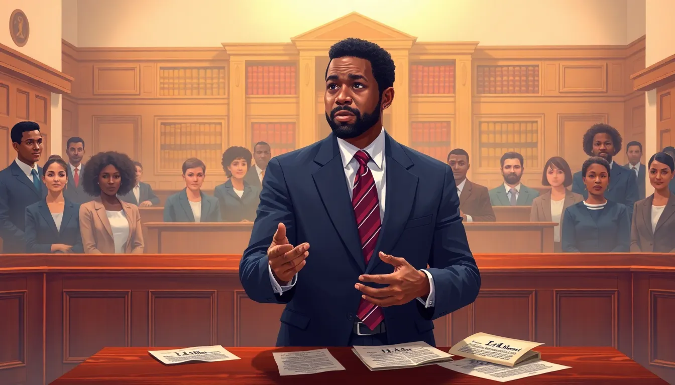 diverse legal professionals in a historic courtroom setting.