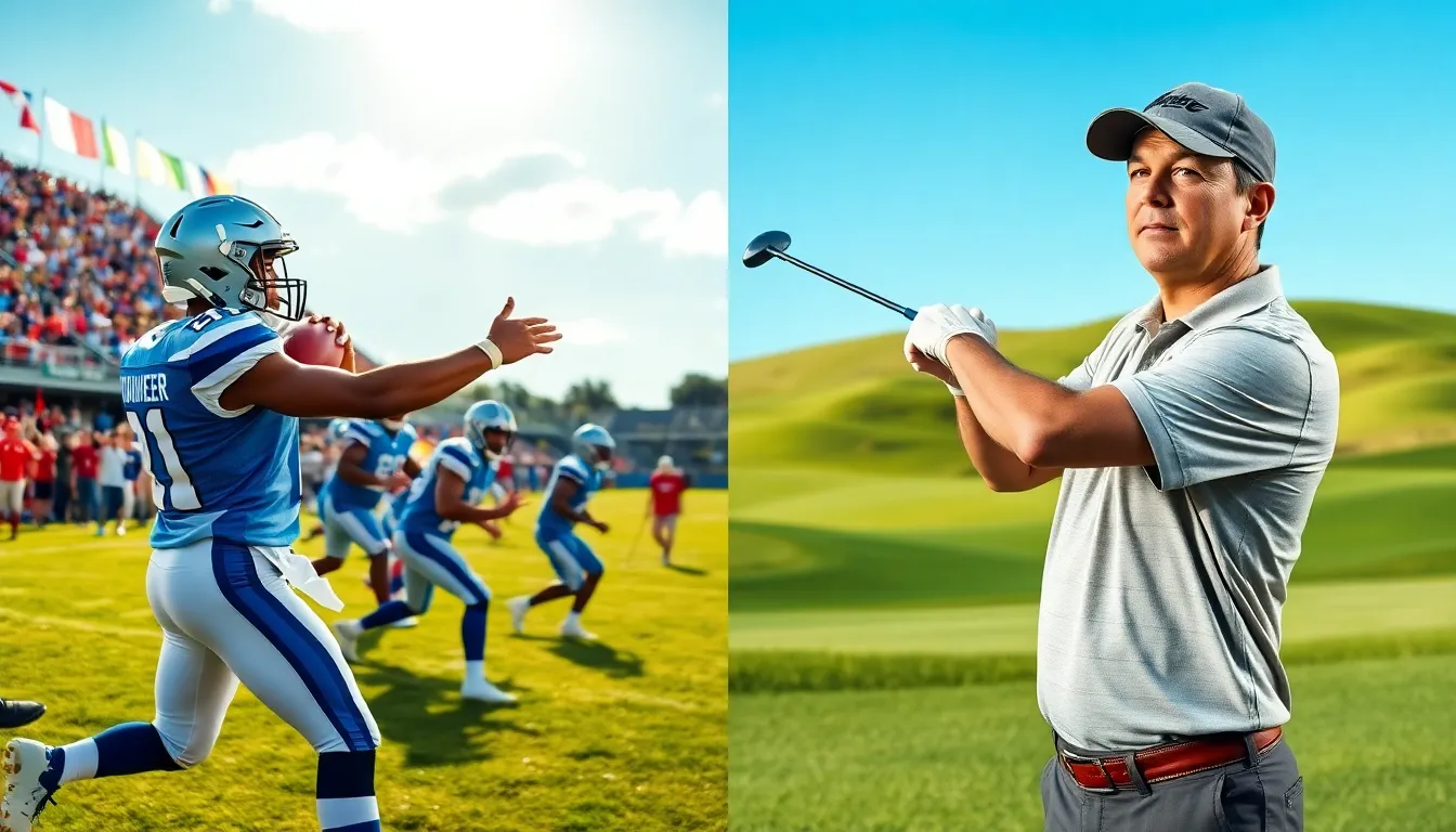 A football player passing the ball and a golfer preparing to swing on a sunny day.