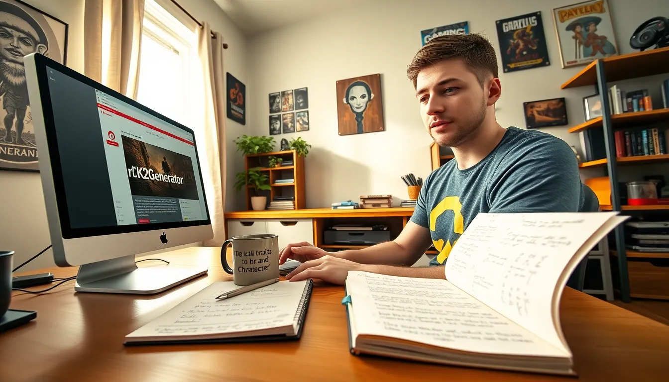 A young man creating custom characters for Crusader Kings II at his desk.