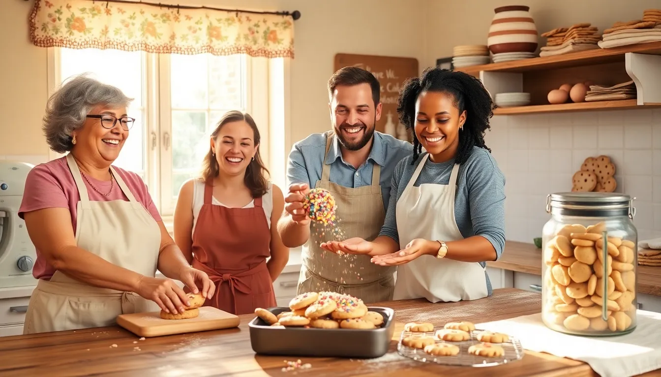 three bakers joyfully preparing cookies in a sunny kitchen.