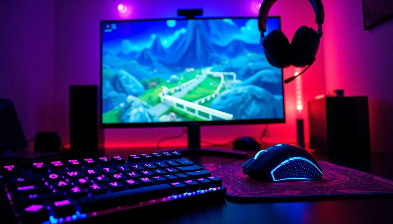 a modern gaming setup with a mechanical keyboard, mouse, and headset.