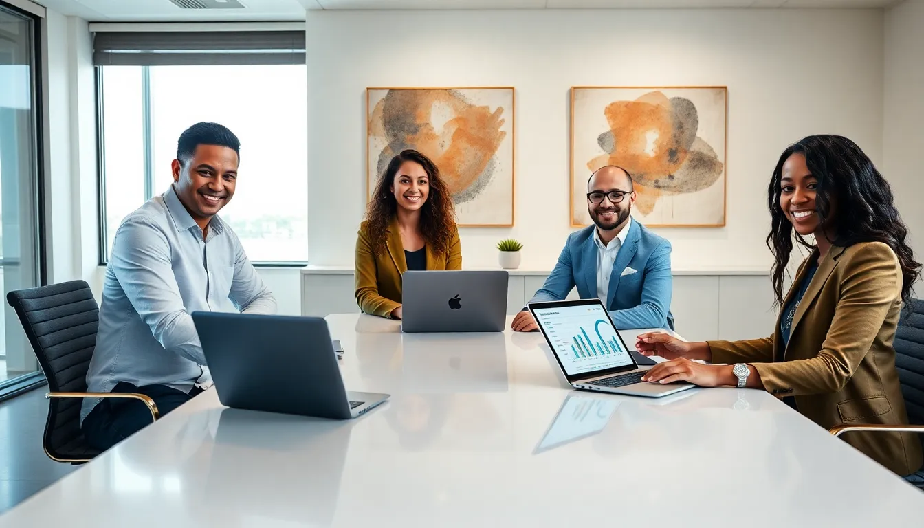 diverse professionals collaborating in a modern office on online entrepreneurship.