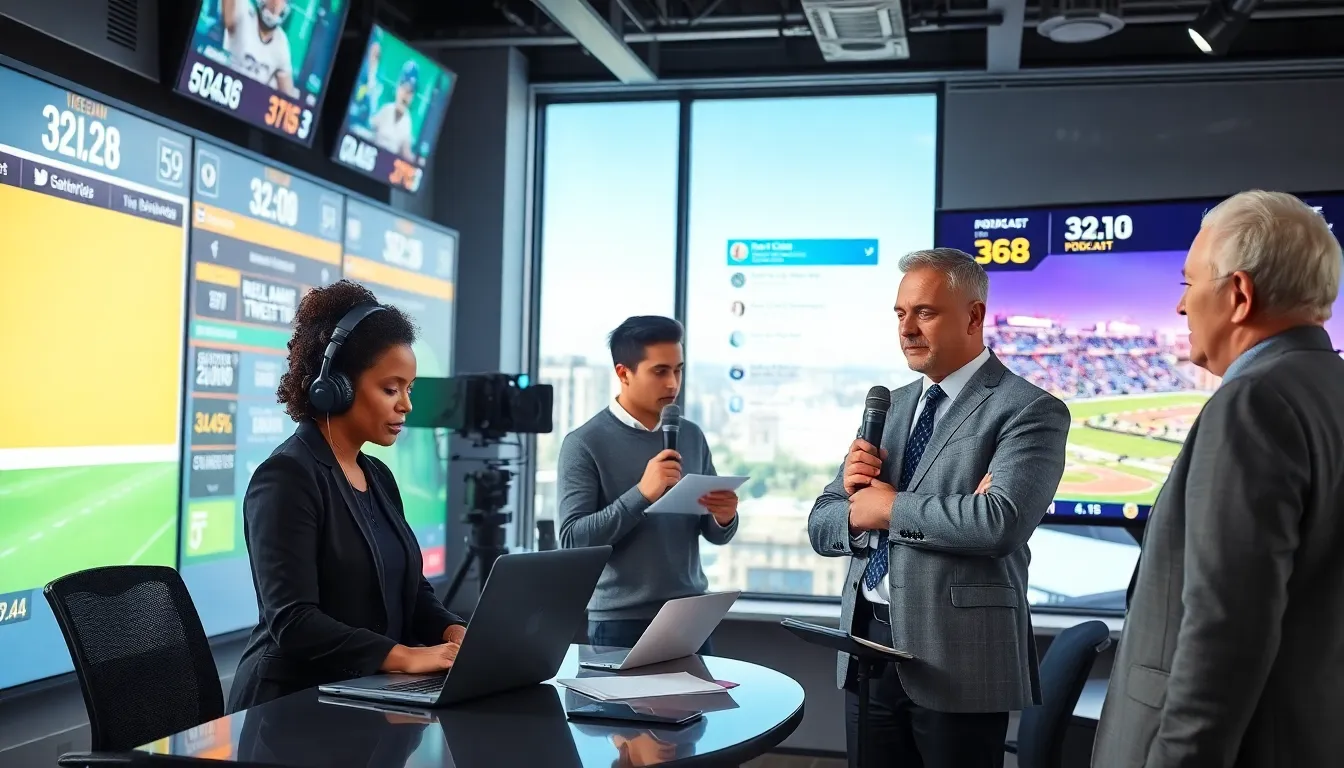 journalists discussing sports news in a modern newsroom with screens and live updates