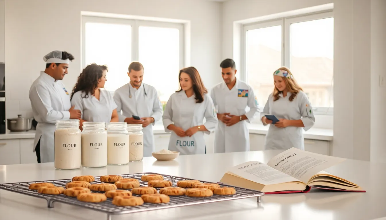 diverse bakers preparing cookies in a modern kitchen setting.