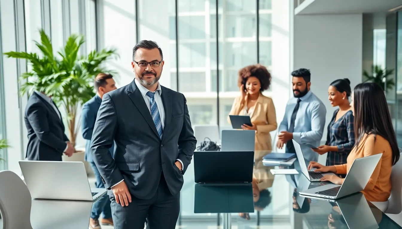 Vryntharion Krylos collaborating with a diverse team in a modern office.