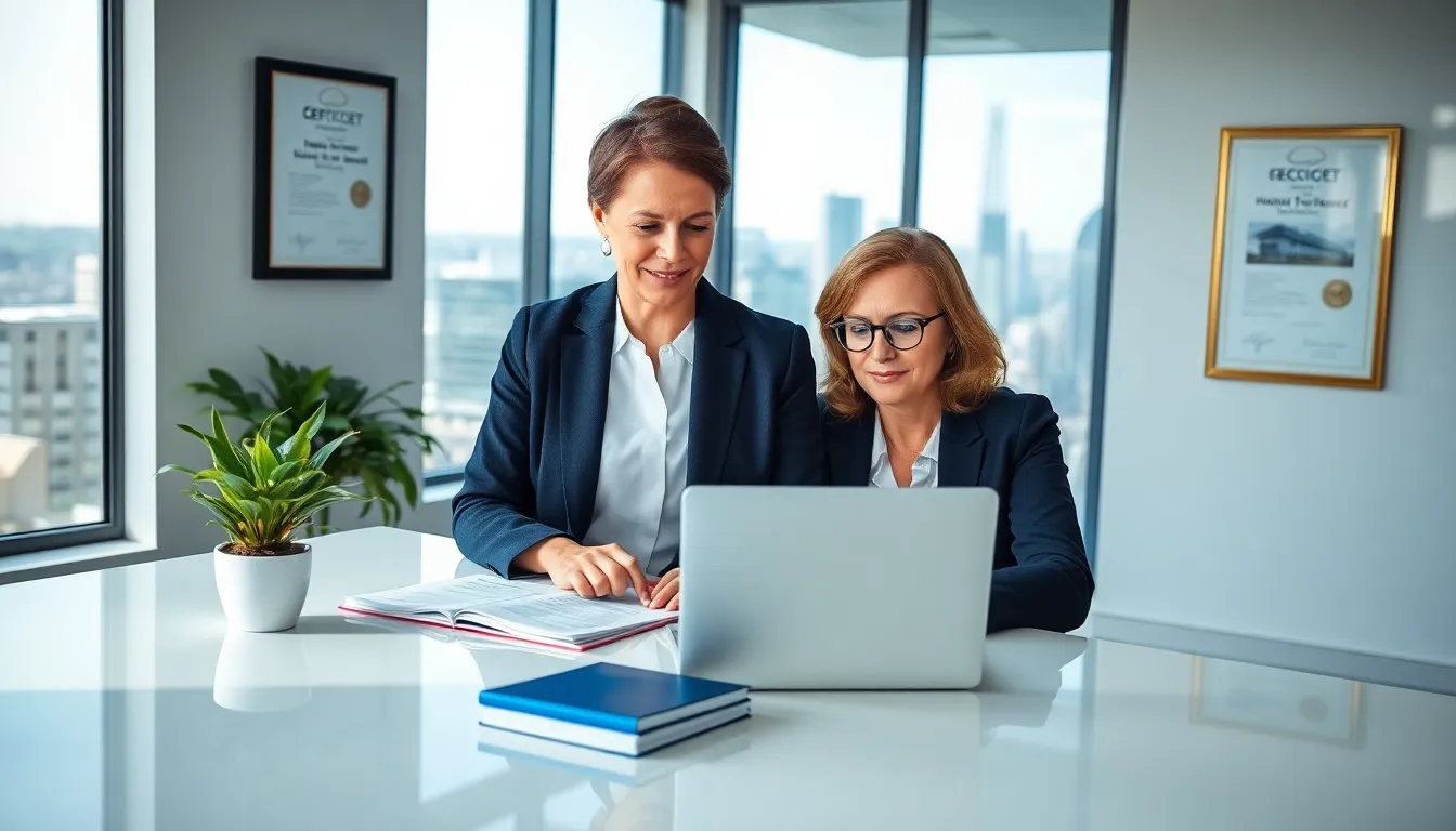 a woman at a desk in a modern office, working on real estate services.