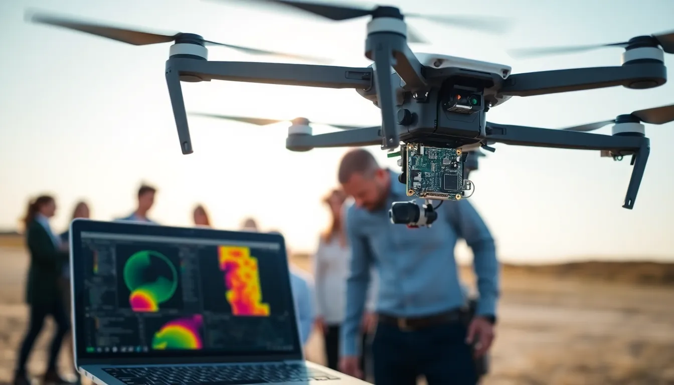 diverse team working on a Raspberry Pi Zero drone in the outdoors.