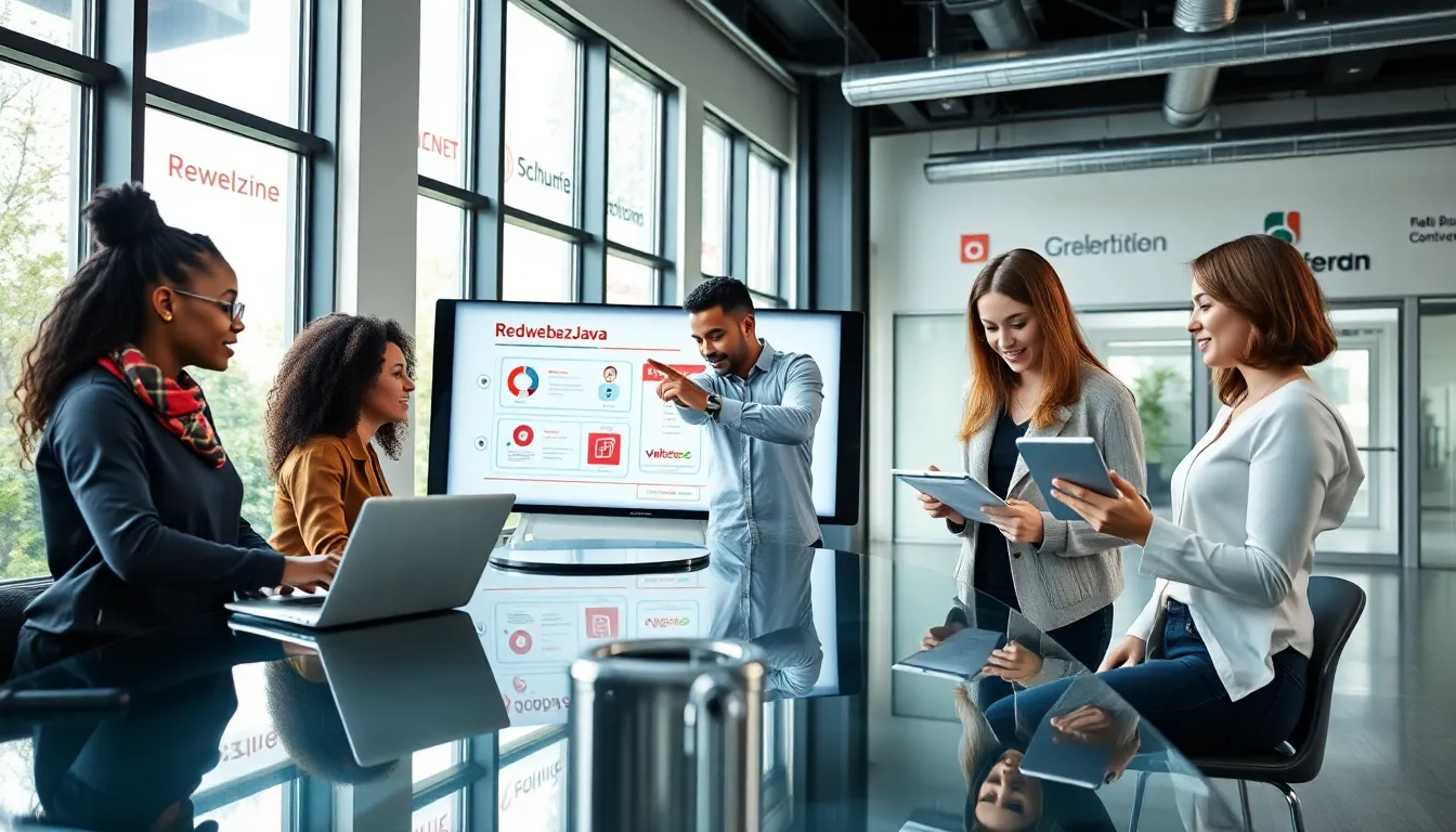 a diverse team of developers collaborating on Redwebzine Java in a modern office.