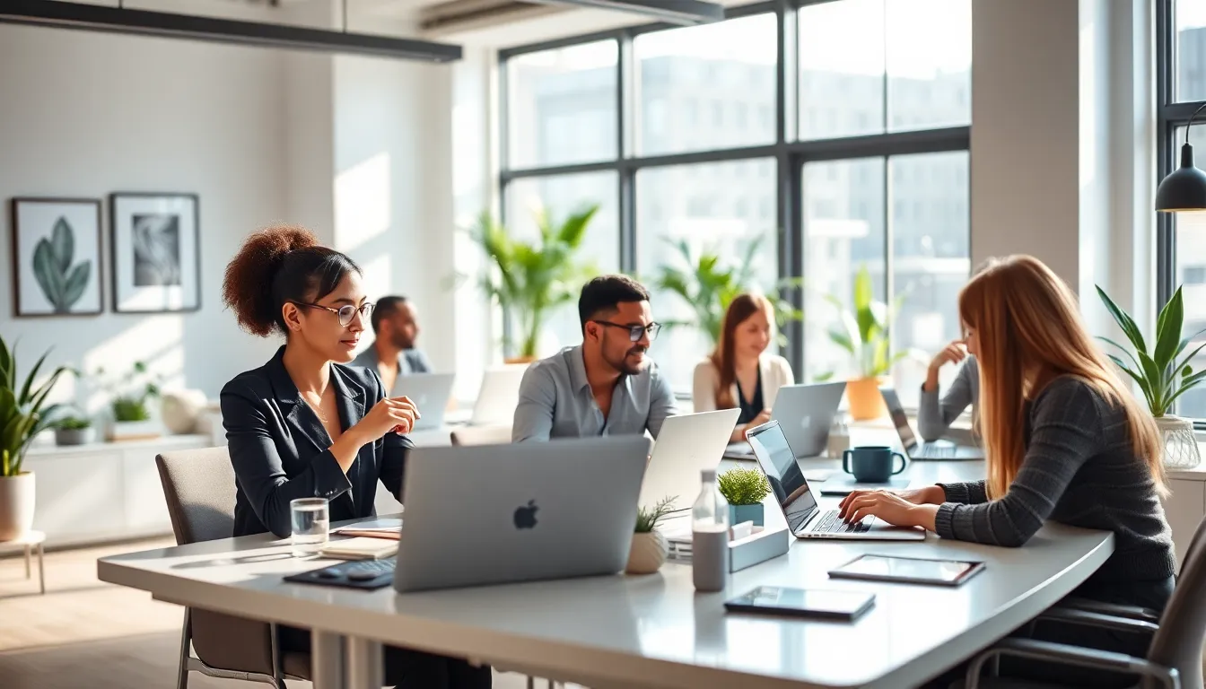 diverse professionals collaborating in a modern office setting, discussing email communication.