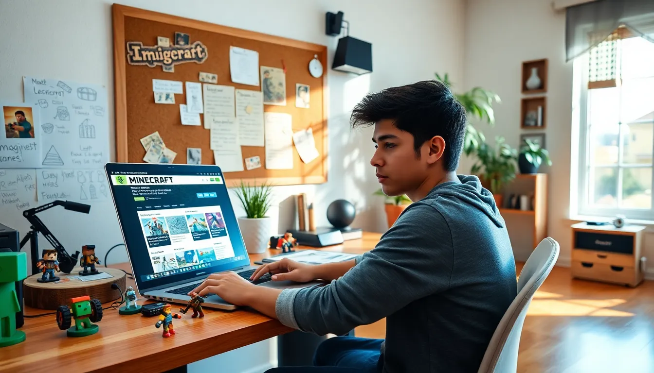 A young gamer exploring the ImagineerGames website in a decorated room.