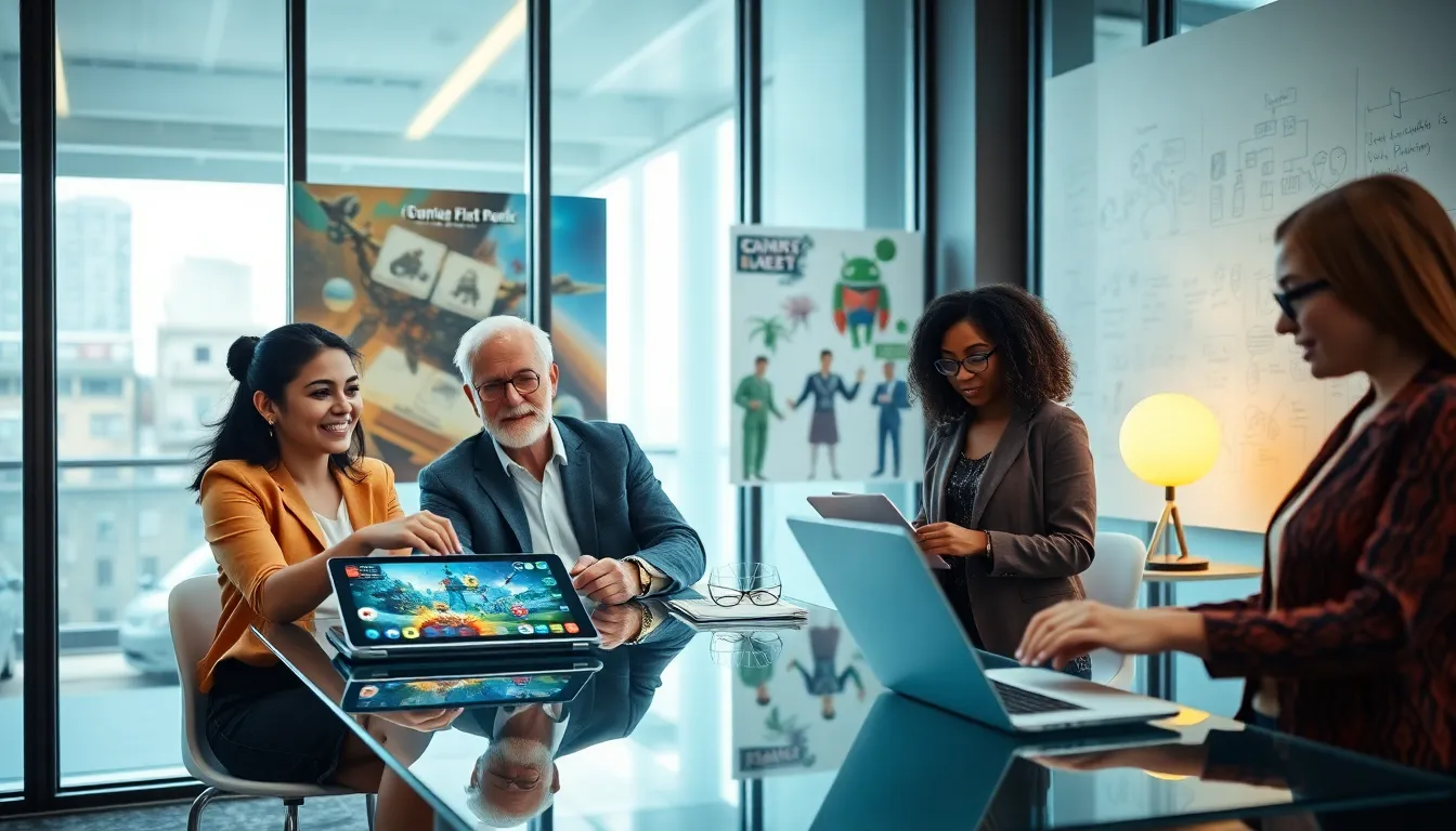 a diverse team brainstorming game ideas in a modern office setting.