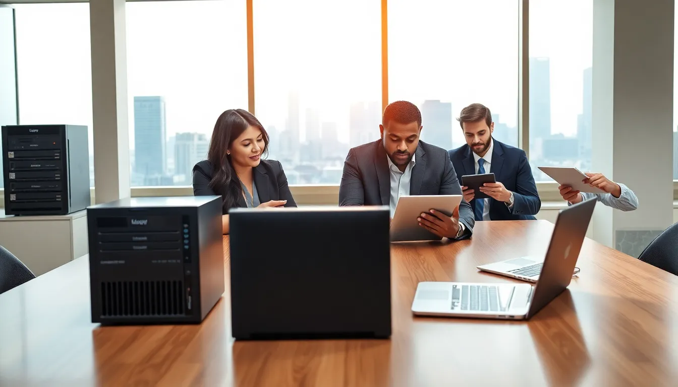 diverse professionals demonstrating hardware in a modern office setting.