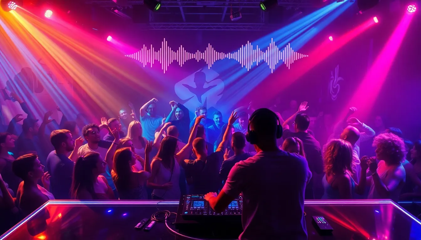 diverse crowd dancing in a modern nightclub atmosphere.