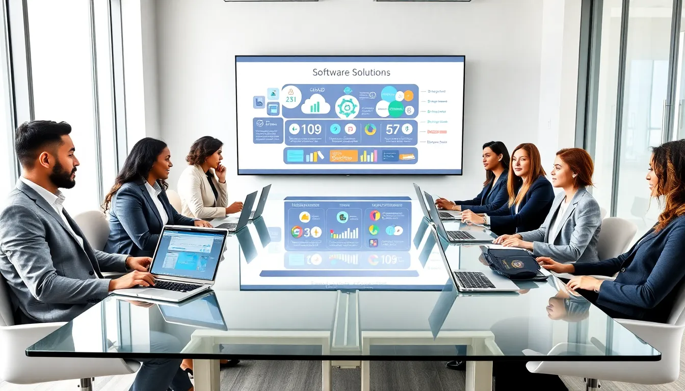diverse professionals collaborating in a modern conference room about software applications.