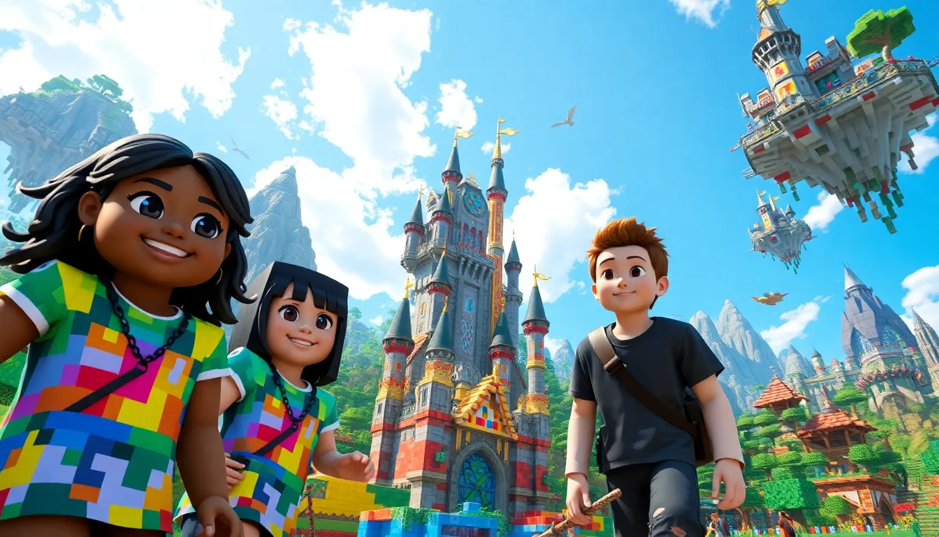 players building together in a vibrant Minecraft game environment.