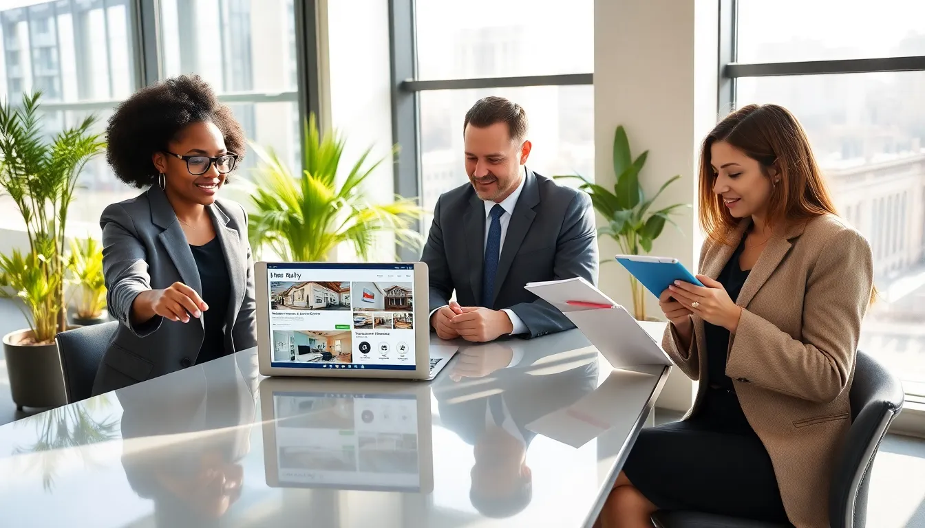 a diverse real estate team discussing property listings in a modern office.