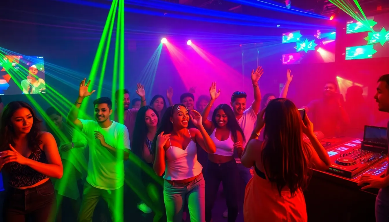 diverse crowd dancing in a vibrant nightclub with dynamic lighting.
