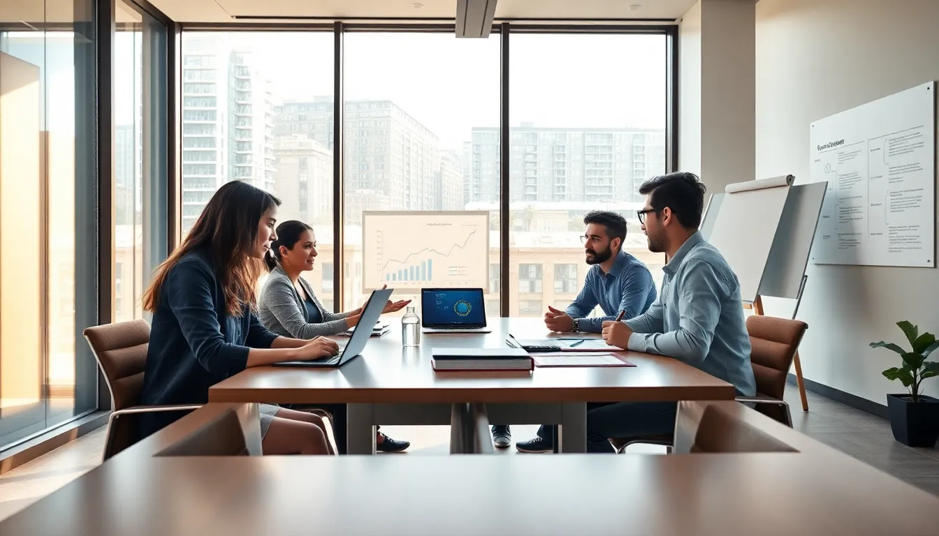 diverse team brainstorming in a modern office setting.