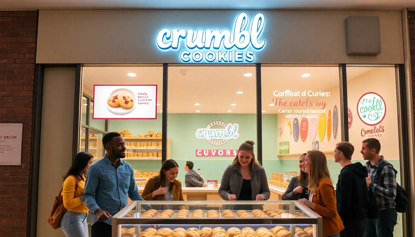 customers enjoying cookies at a Crumbl Cookies storefront.