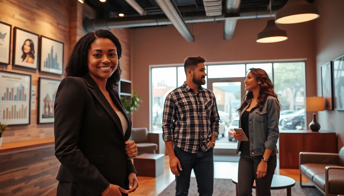 a diverse team discussing real estate in a modern office.
