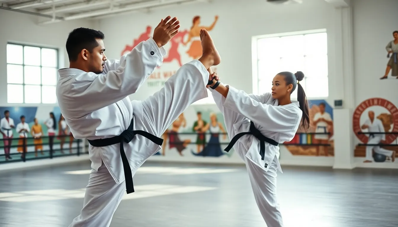 two taekwondo fighters in a sparring match in a gym.