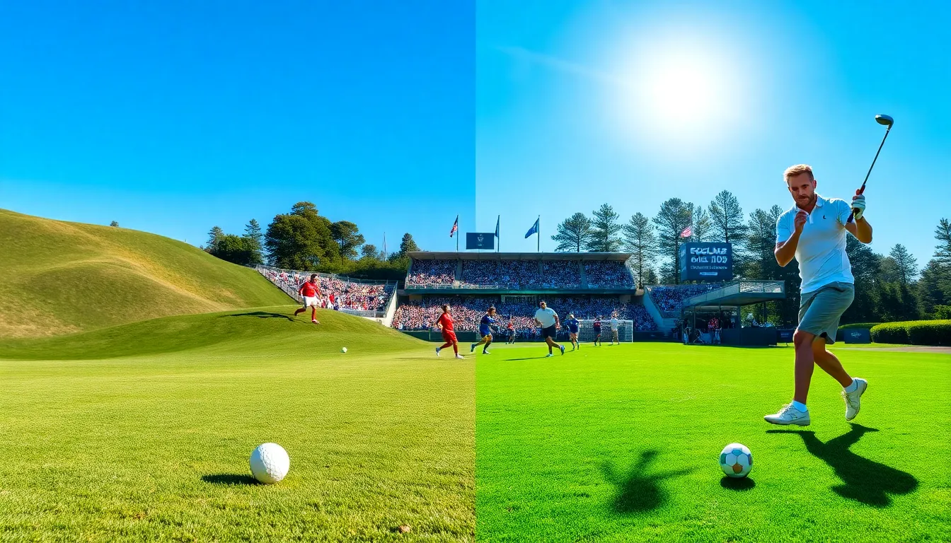 Football players celebrating on a field with a golfer teeing off nearby.